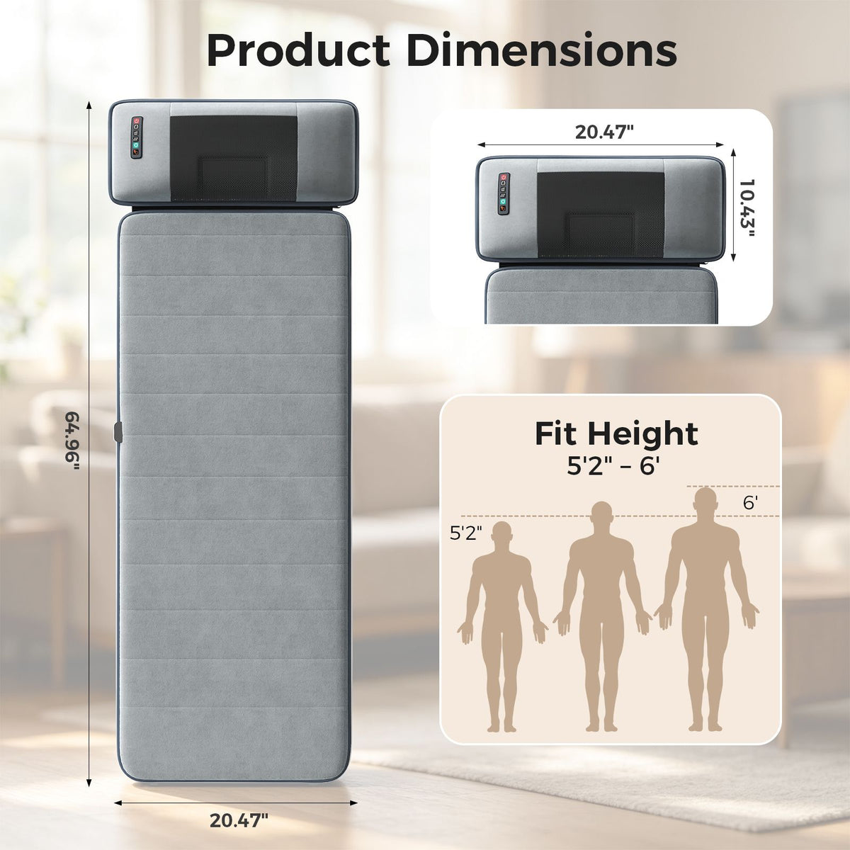 Size diagram of the mat, about 65 by 20.5 inches, fitting people from 5 feet 2 inches to 6 feet tall