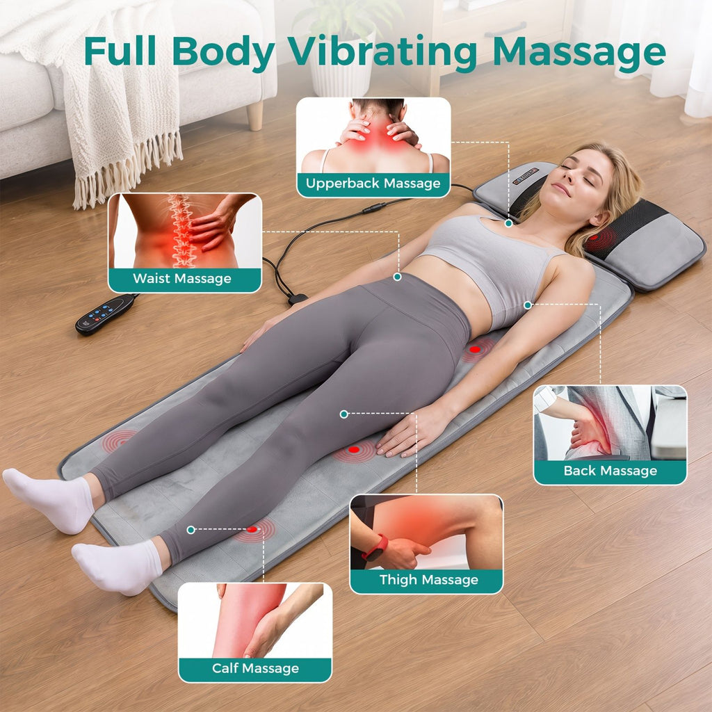Woman lying on the mat on the floor with callouts for upper back, waist, back, thigh and calf massage