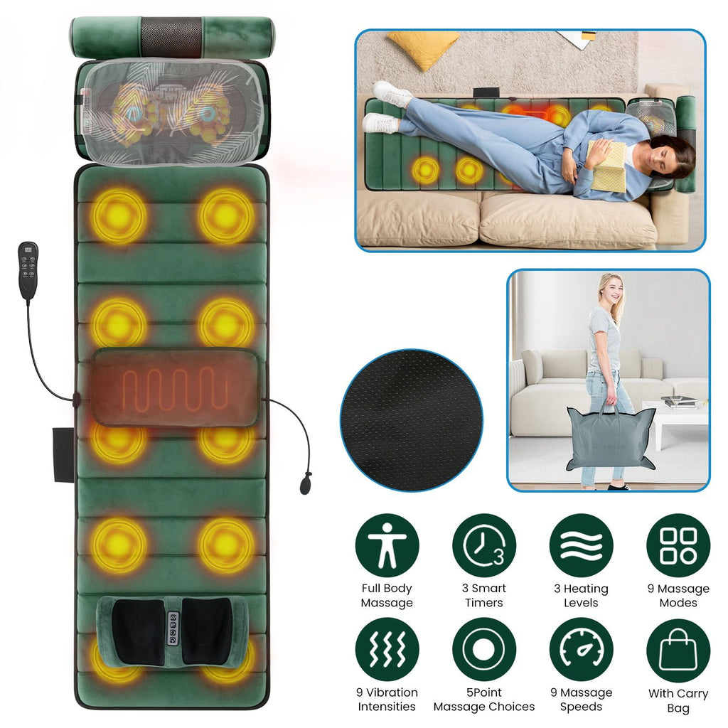Green massage mat with glowing vibration spots and heat area, beside photos of it used on a sofa and in its carry bag, with icons for heat levels, timers, modes, speeds and carry bag