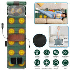 Green massage mat with glowing vibration spots and heat area, beside photos of it used on a sofa and in its carry bag, with icons for heat levels, timers, modes, speeds and carry bag
