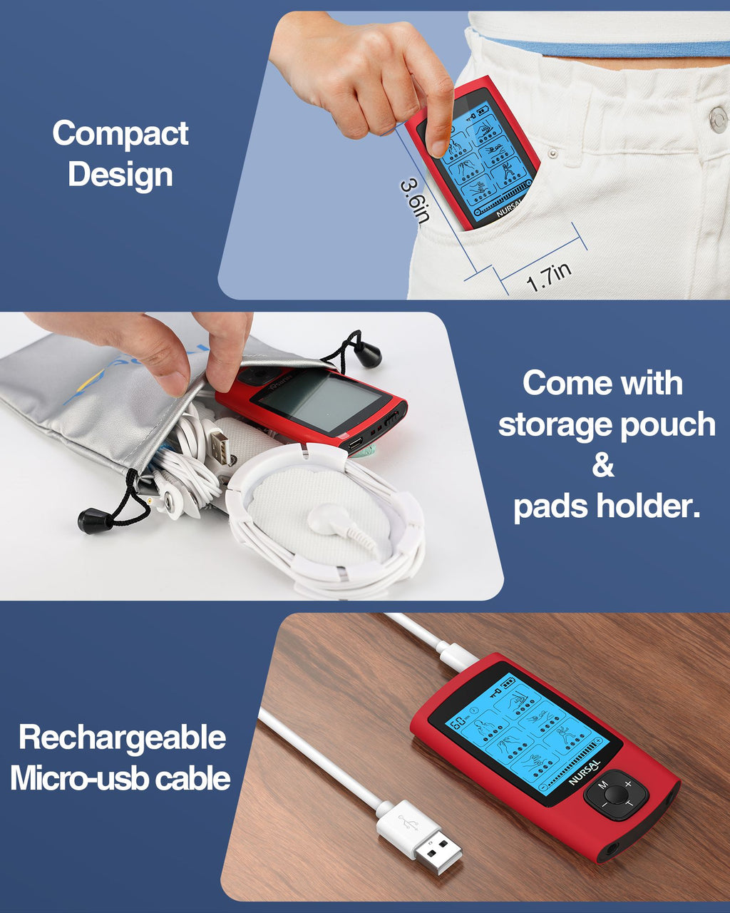 TENS unit fitting in a pocket, packed in its storage pouch, and charging by USB cable
