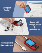 TENS unit fitting in a pocket, packed in its storage pouch, and charging by USB cable