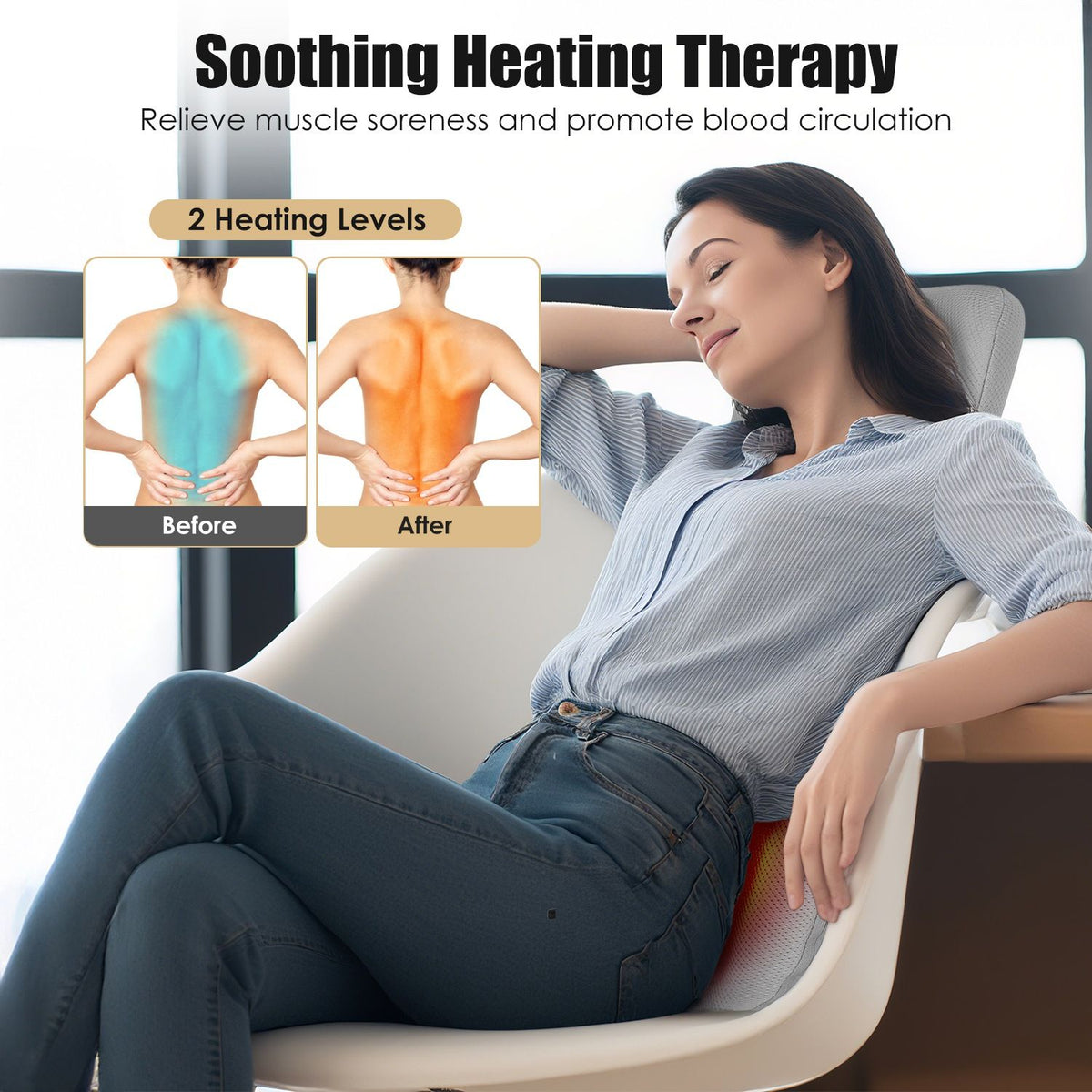 Woman relaxing in an armchair with the back cushion, with heat images showing its 2 heat levels