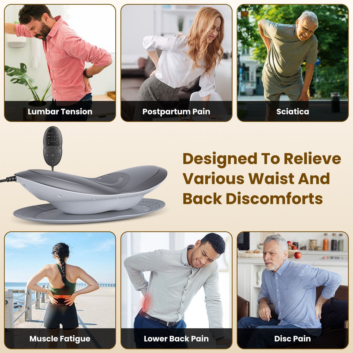 Collage of people with lower back and waist discomfort from desk work, lifting and sitting, around the lumbar massager