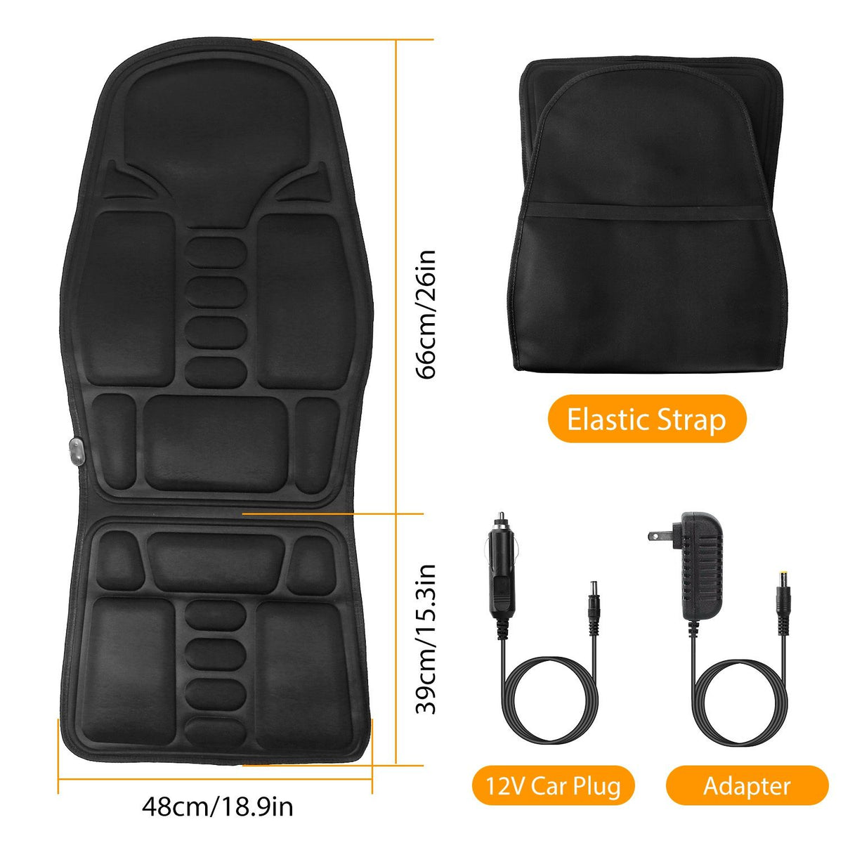 Size diagram, about 26 inches tall and 18.9 inches wide, with the elastic strap, car plug and adapter