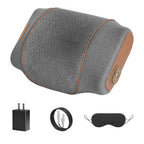 Gray neck pillow with its adapter, cable and eye mask