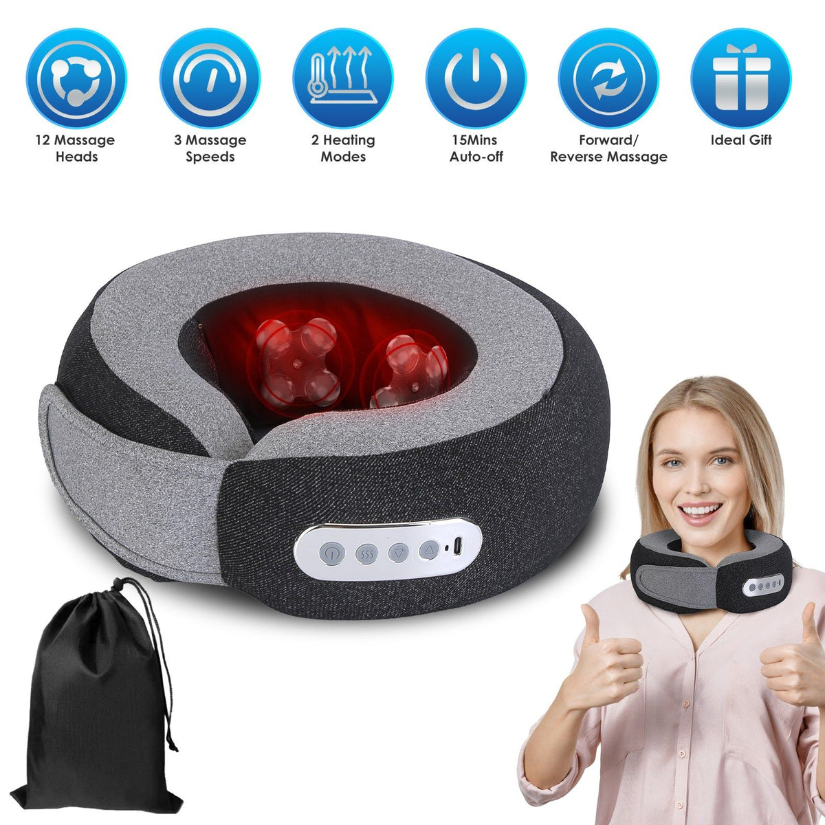 Gray U-shaped neck massage pillow with glowing kneading heads and a carry bag, with feature icons and a woman giving a thumbs up while wearing it