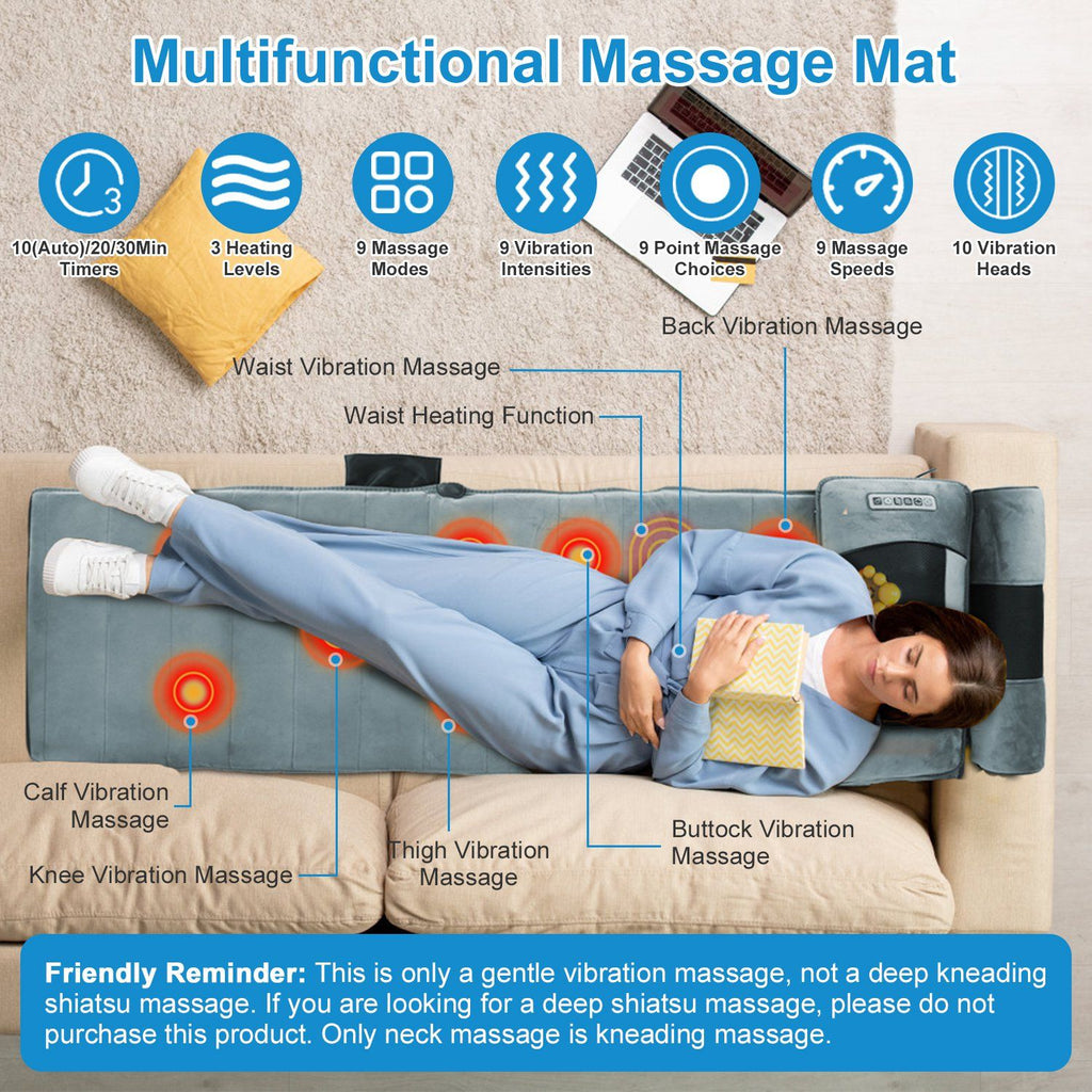 Woman lying on the mat on a sofa with labels for each vibration zone and a note that the mat is a gentle vibration massage