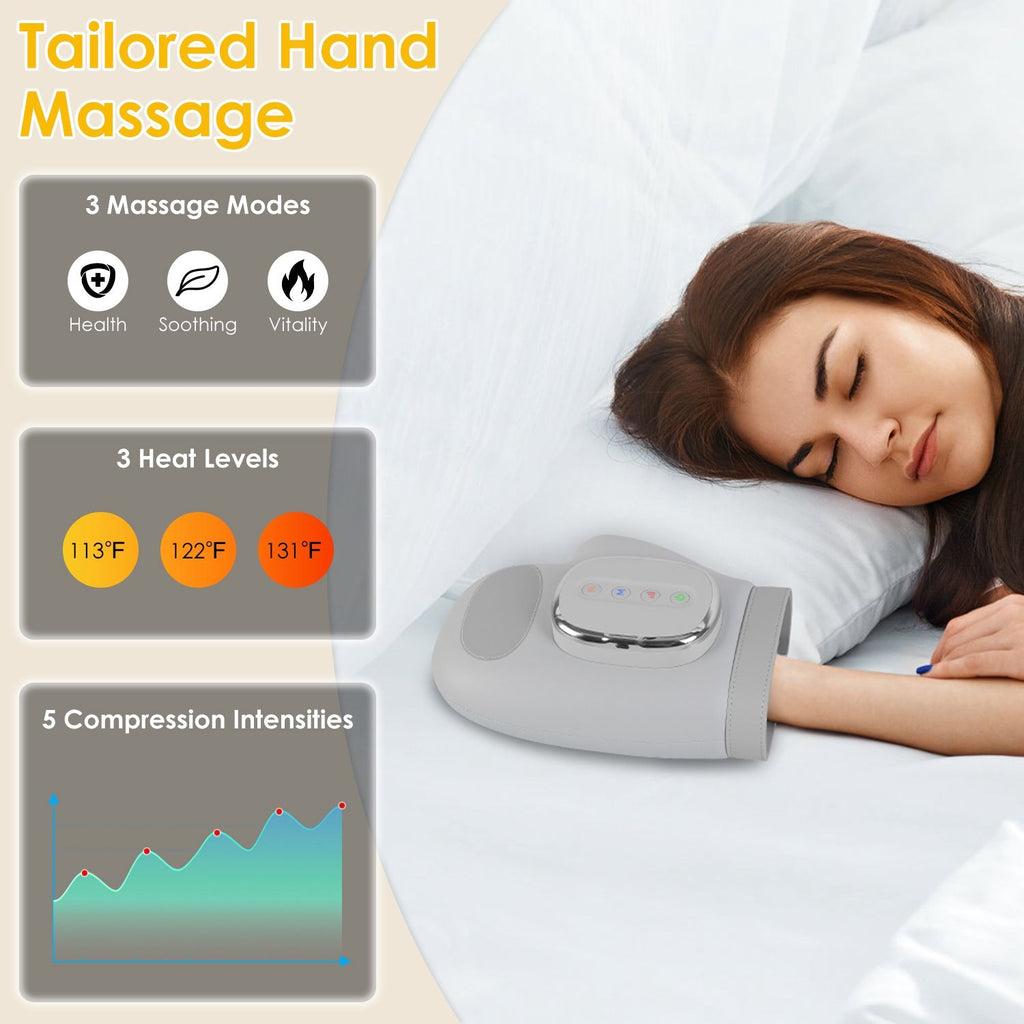 Woman sleeping with her hand in the hand massager, with icons for 3 modes, 3 heat levels and 5 pressure levels