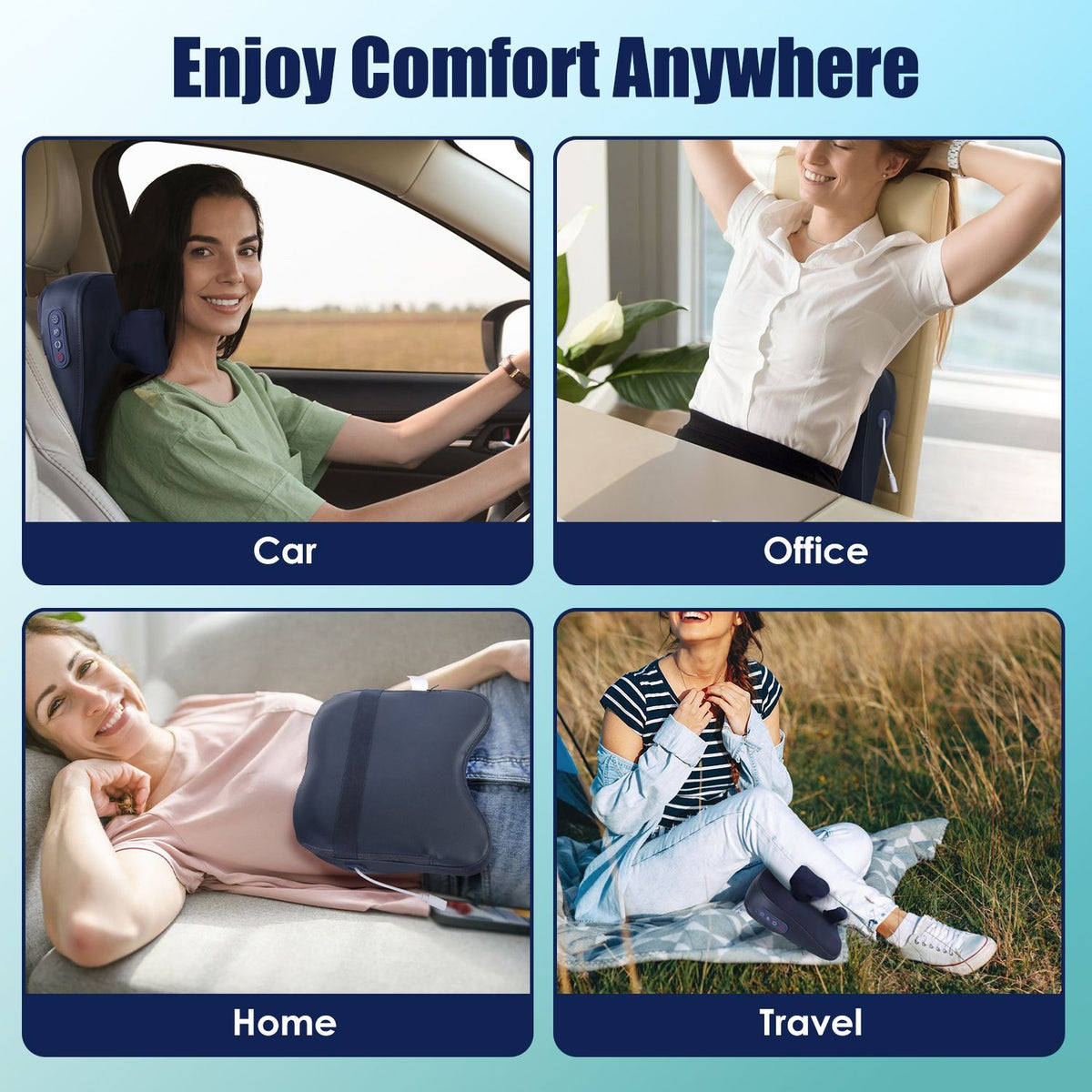 Photos of the massager used in a car, at the office, at home and while traveling