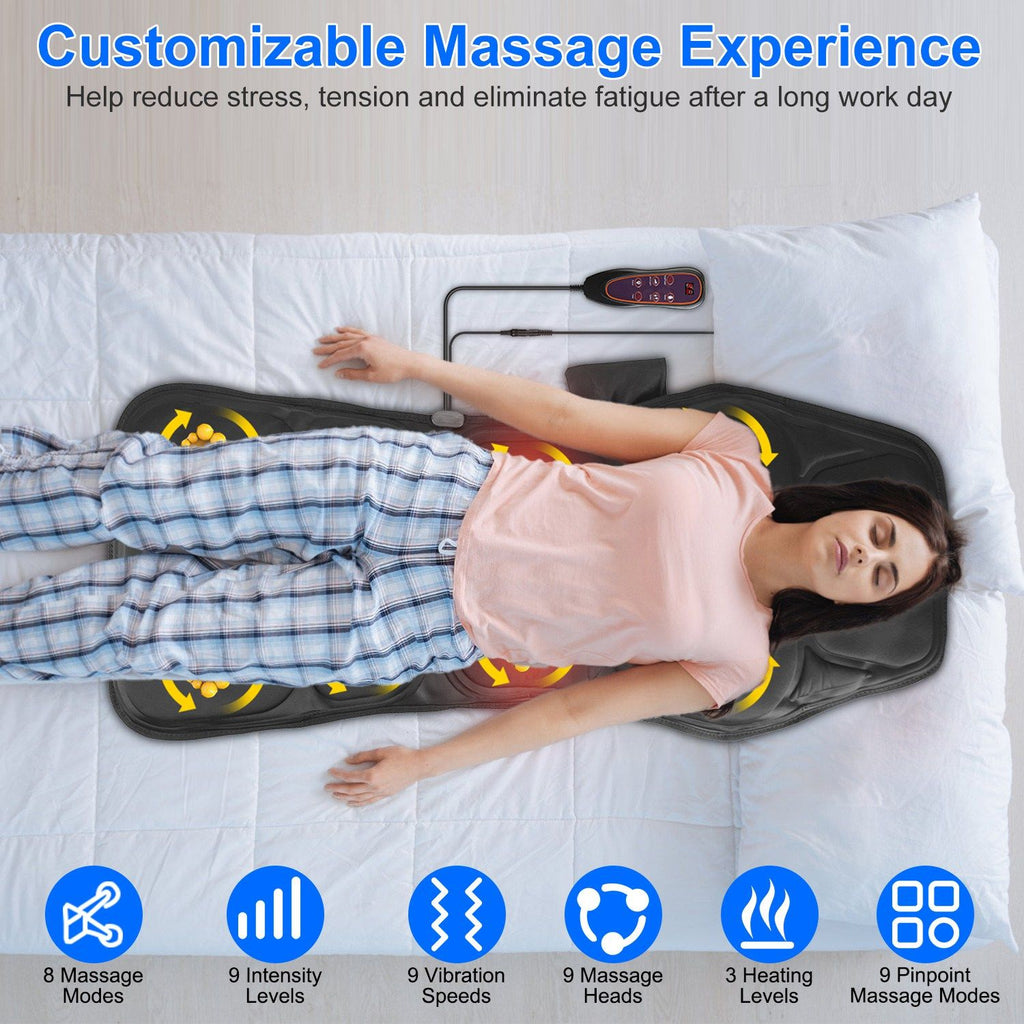 Woman lying on the pad with icons for 8 modes, 9 intensities, 9 speeds, 3 heat levels and 9 pinpoint modes