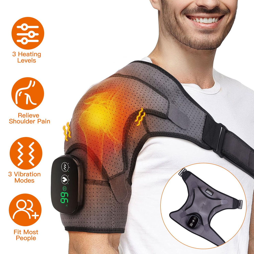 Man wearing the gray heated shoulder wrap with its heat glowing, with icons for heat levels, vibration and fit
