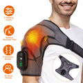 Man wearing the gray heated shoulder wrap with its heat glowing, with icons for heat levels, vibration and fit
