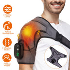 Man wearing the gray heated shoulder wrap with its heat glowing, with icons for heat levels, vibration and fit