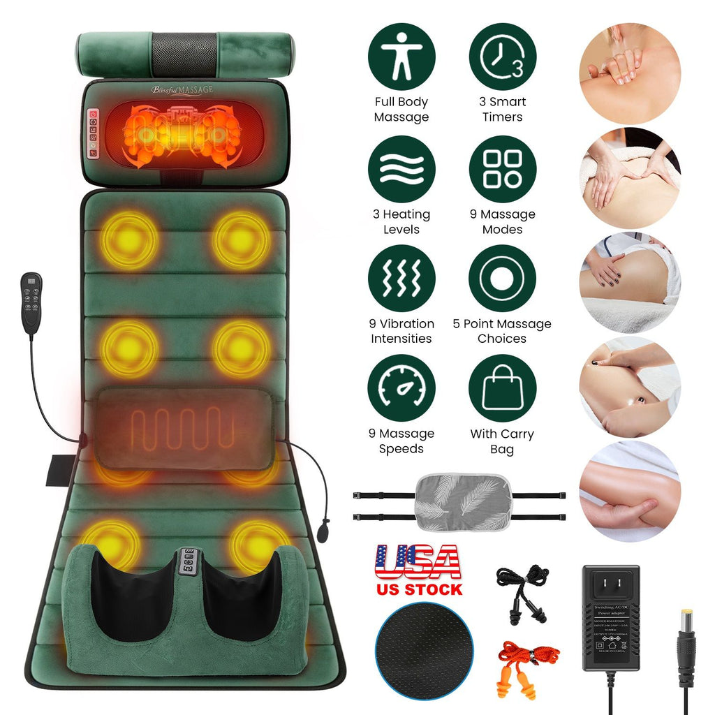 Green massage mat with feature icons and photos of massage on the neck, back and feet, plus the lumbar pillow, earplugs and power adapter