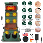 Green massage mat with feature icons and photos of massage on the neck, back and feet, plus the lumbar pillow, earplugs and power adapter