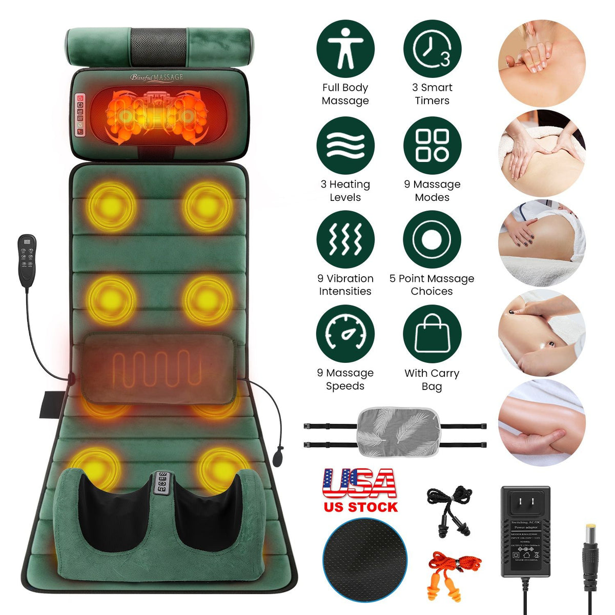 Green massage mat with feature icons and photos of massage on the neck, back and feet, plus the lumbar pillow, earplugs and power adapter