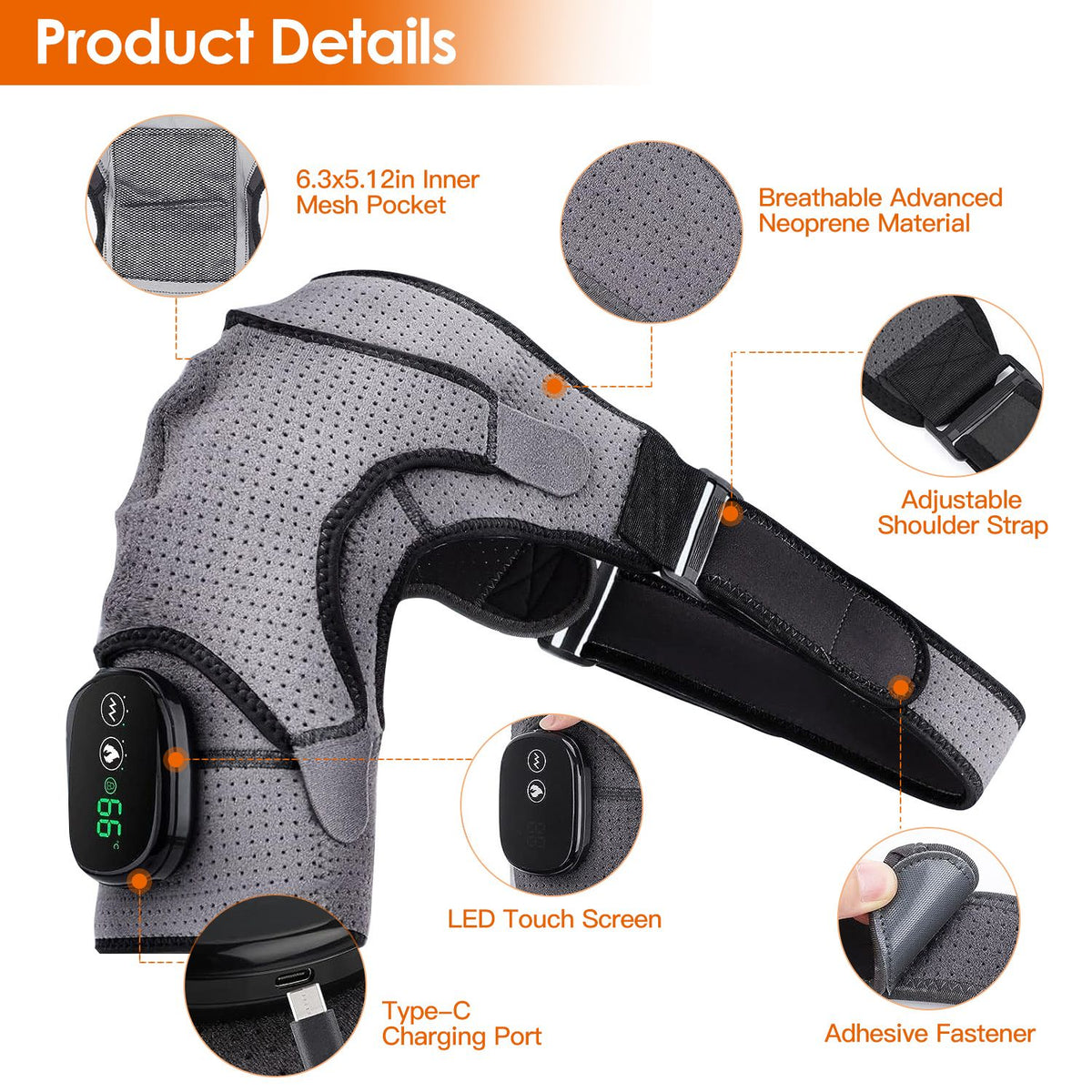Labeled parts of the shoulder wrap: mesh pocket, neoprene, adjustable straps, LED touch screen and USB-C charging port