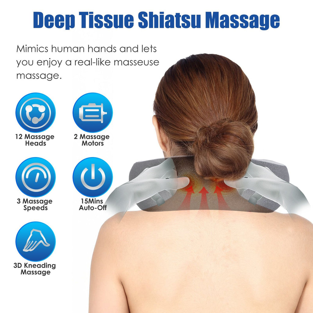 Woman's neck and shoulders with the pillow's massage heads shown, with icons for speeds, heat and timer