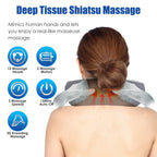 Woman's neck and shoulders with the pillow's massage heads shown, with icons for speeds, heat and timer