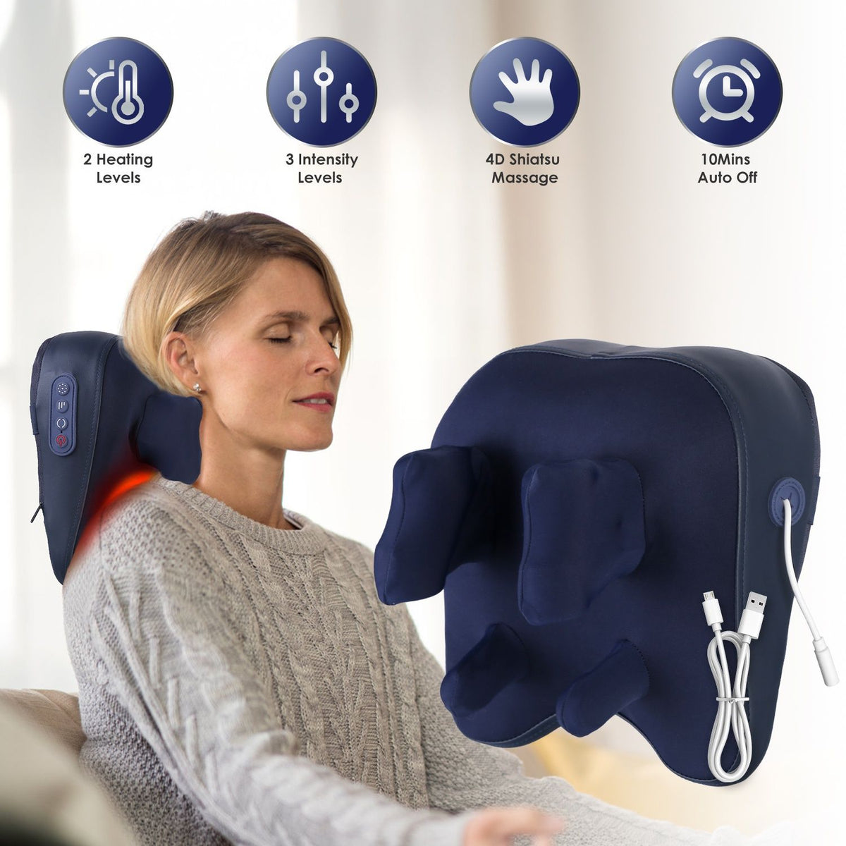 Woman relaxing in a chair with the navy 4D shiatsu neck massager, with icons for heat, intensity, kneading and timer