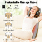 Woman relaxing with the back cushion, with drawings showing full back, upper back and lower back modes