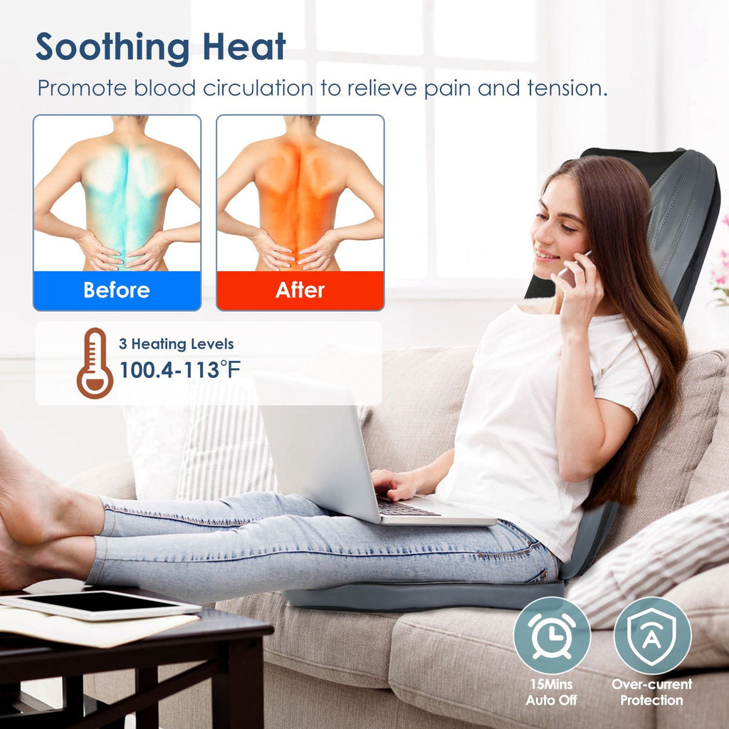 Woman relaxing on the cushion beside heat images of a back, showing heat from about 100 to 113 degrees F