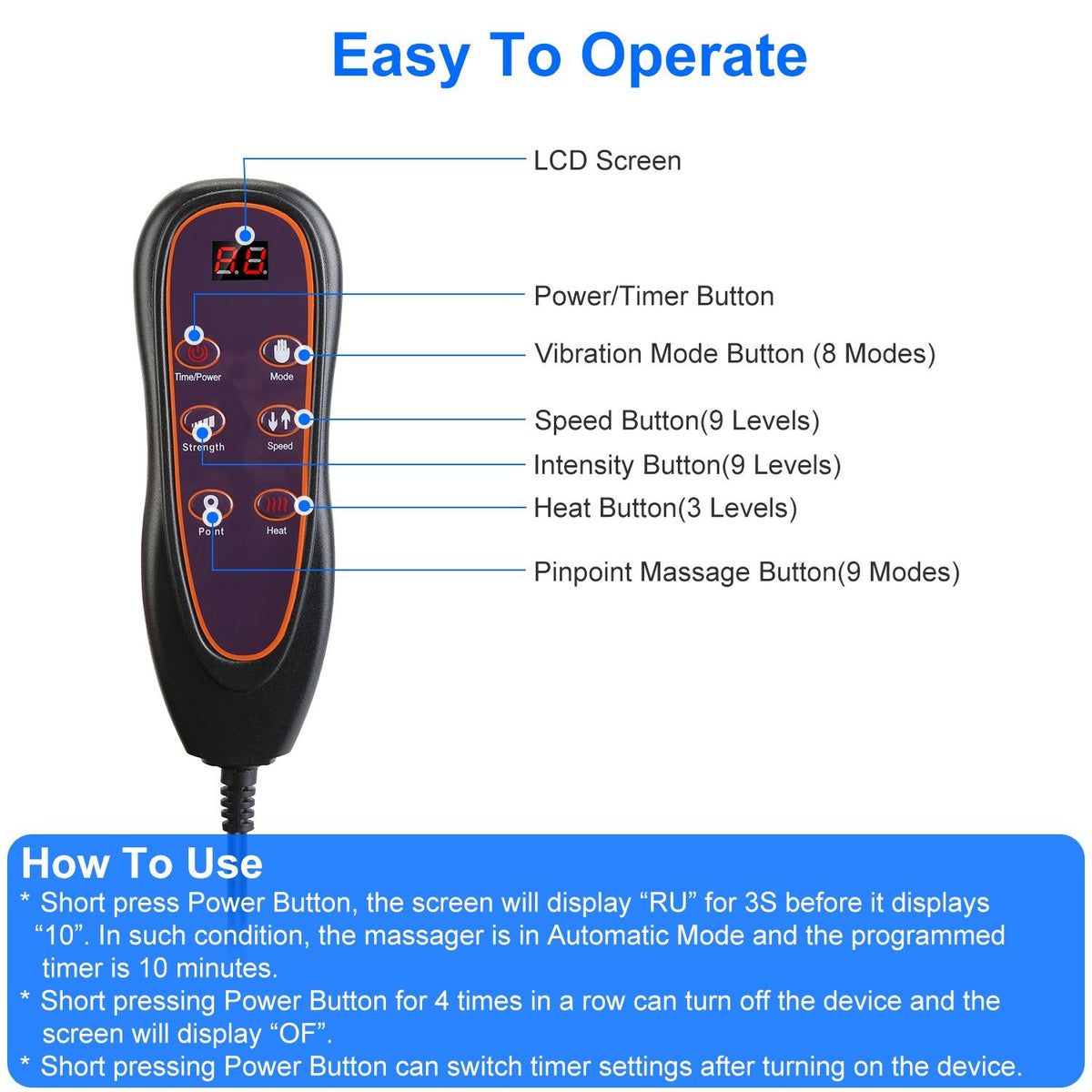 Close-up of the controller with its display and buttons for power, modes, speed, intensity, heat and pinpoint massage
