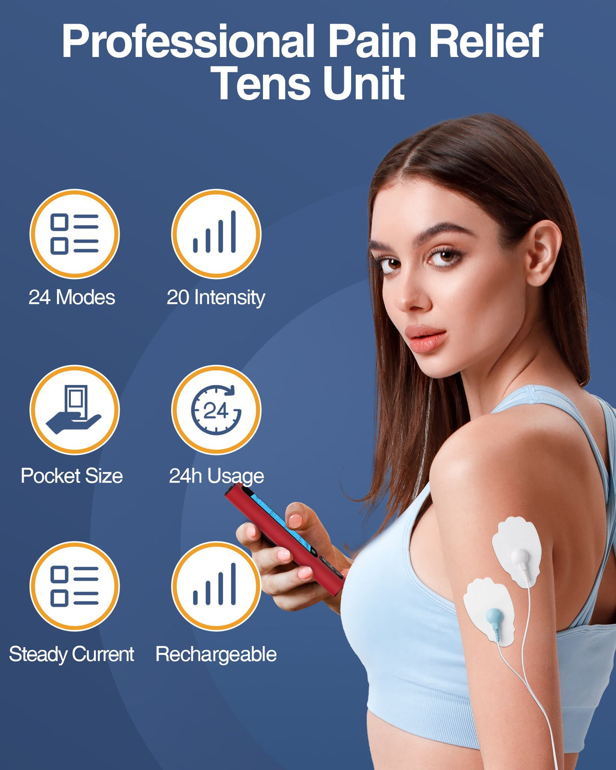 Woman using a phone with TENS pads on her shoulder, with icons for 24 modes, 20 intensities, pocket size and rechargeable battery