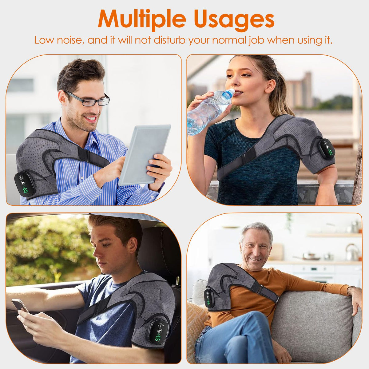 Four photos of people wearing the wrap at a desk, while drinking water, on a sofa and while working