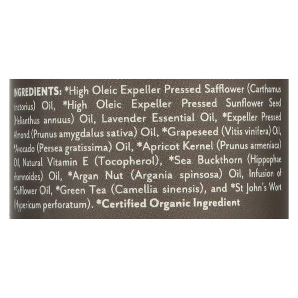 Ingredient label: safflower and sunflower oils, lavender essential oil, sweet almond oil, grapeseed oil, avocado oil, apricot kernel oil, sea buckthorn oil, argan nut oil, vitamin E, green tea and St. John's wort