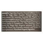 Ingredient label: safflower and sunflower oils, lavender essential oil, sweet almond oil, grapeseed oil, avocado oil, apricot kernel oil, sea buckthorn oil, argan nut oil, vitamin E, green tea and St. John's wort