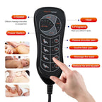 Close-up of the remote with buttons for speed, programs, heat and massage zones