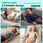 Four photos of the foldable massage mat used on a bed, a sofa, the floor and an armchair, weighing 5.7 lb