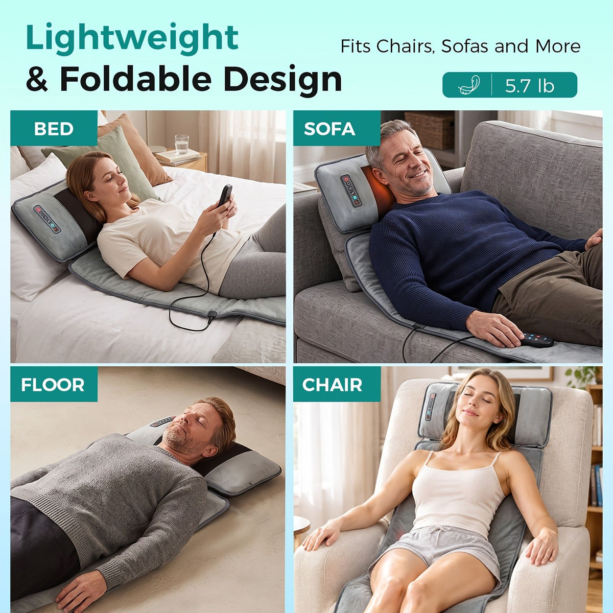 Four photos of the foldable massage mat used on a bed, a sofa, the floor and an armchair, weighing 5.7 lb