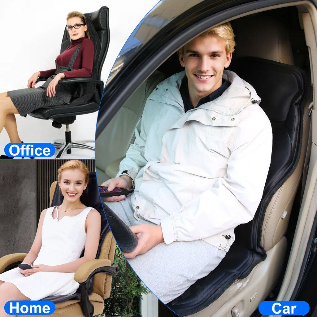 Black massage pad used on an office chair, a home chair and a car seat
