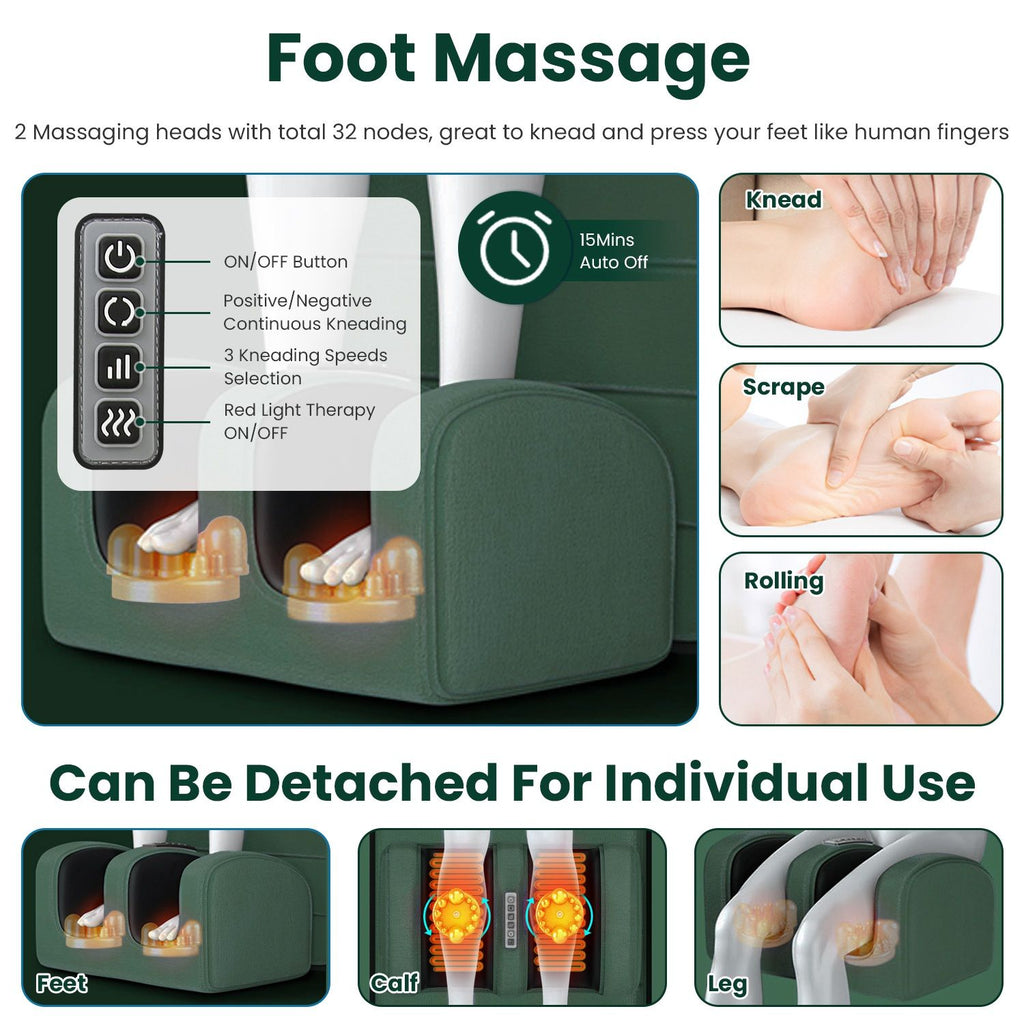Close-up of the foot massager with photos of it kneading the feet and calves, and a note that it detaches for use on its own