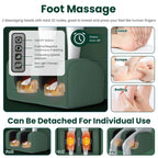 Close-up of the foot massager with photos of it kneading the feet and calves, and a note that it detaches for use on its own