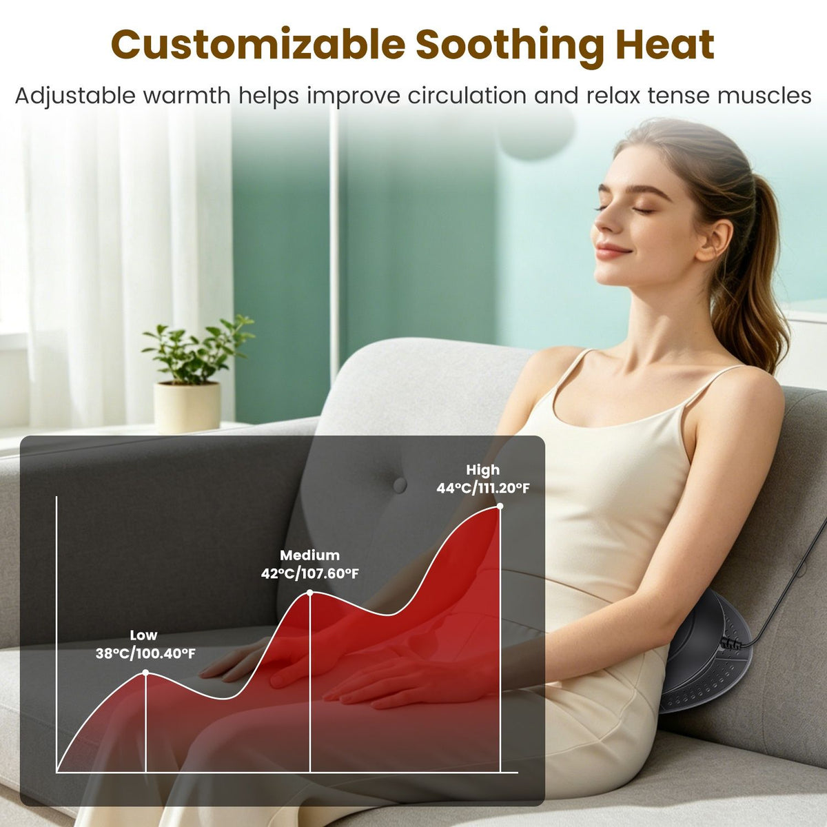 Woman relaxing on a sofa with the lumbar massager under her back, with a chart of its 3 heat levels