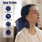 Woman relaxing with the navy massager, with a guide to the heat, intensity, direction and power buttons