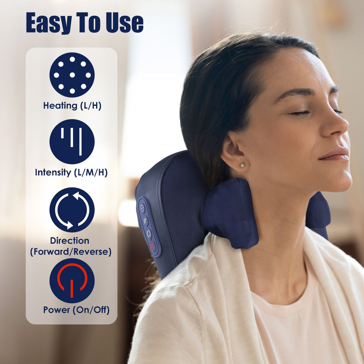 Woman relaxing with the navy massager, with a guide to the heat, intensity, direction and power buttons