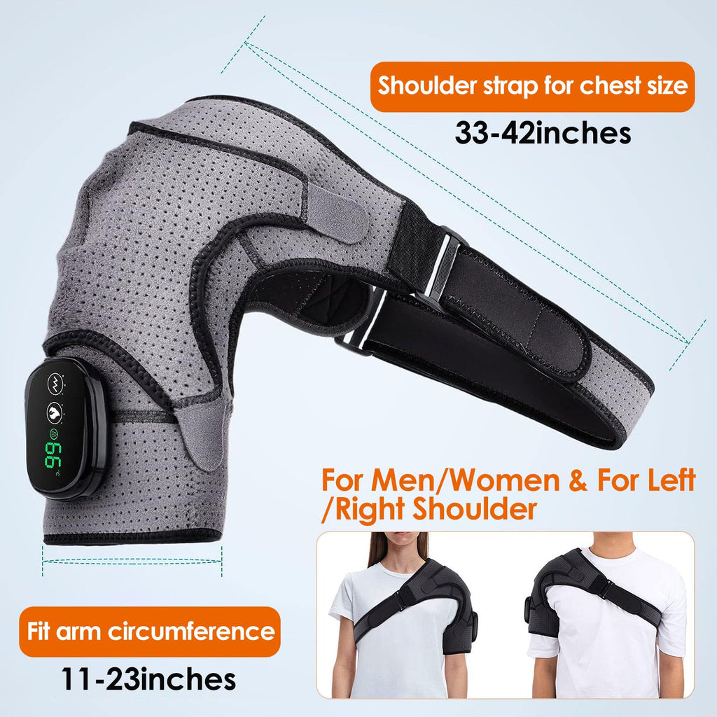 Shoulder wrap with strap sizes for the chest, 33 to 42 inches, and the arm, 11 to 23 inches, fitting the left or right shoulder