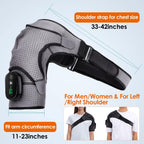 Shoulder wrap with strap sizes for the chest, 33 to 42 inches, and the arm, 11 to 23 inches, fitting the left or right shoulder