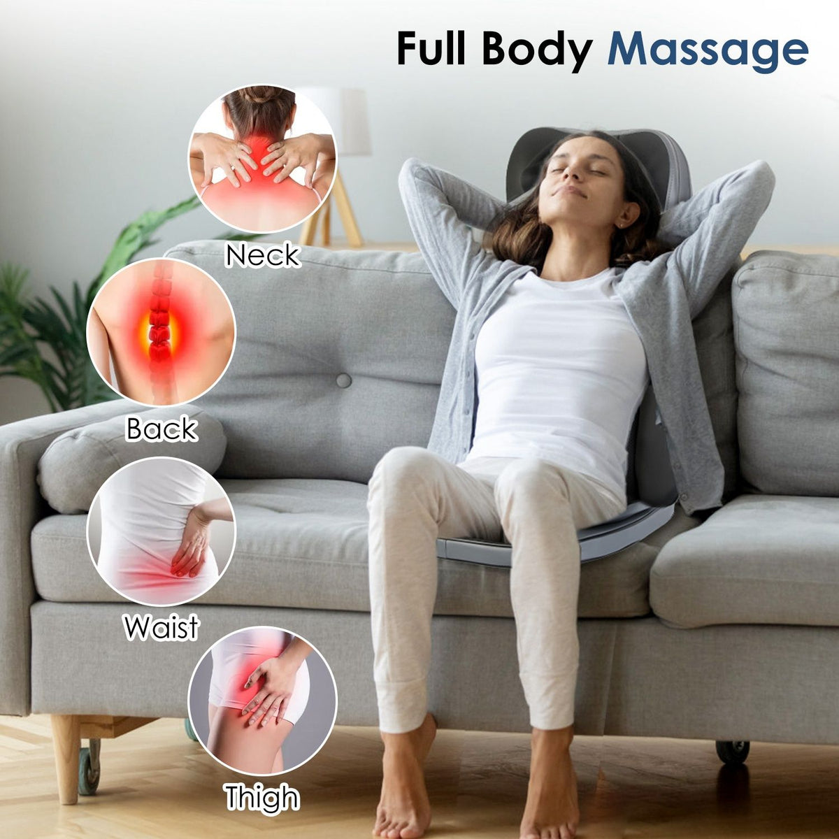 Woman relaxing on a sofa on the cushion, with circles showing neck, back, waist and thigh massage
