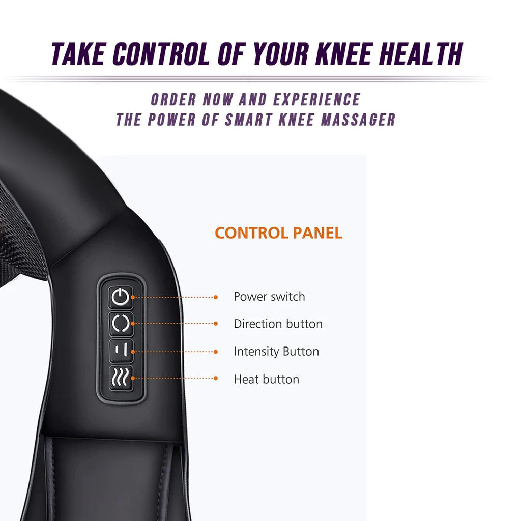 Close-up of the massager's control panel with power, direction, intensity and heat buttons