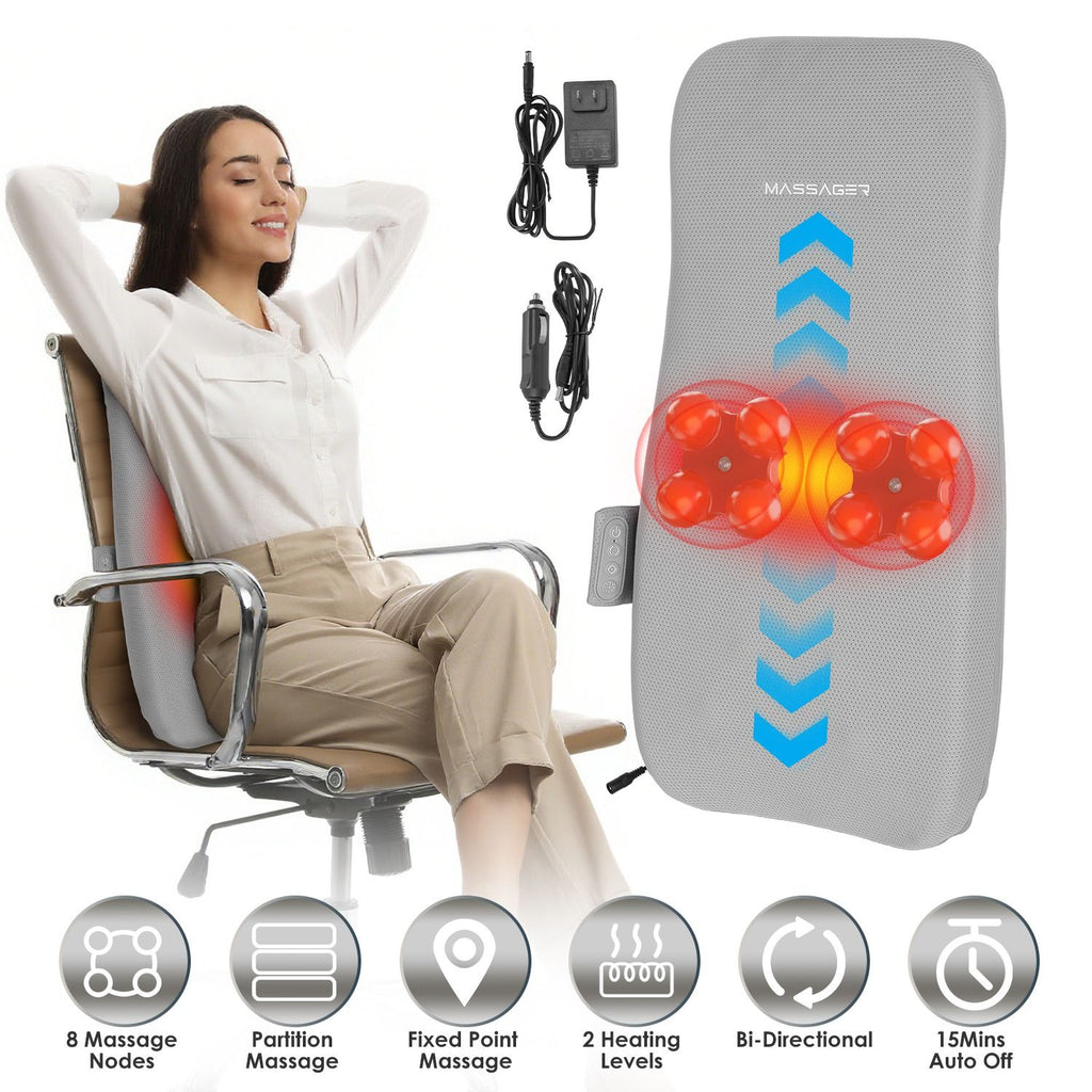 Woman in an office chair with the light gray shiatsu back cushion, its heat area glowing and arrows showing the rolling nodes, with feature icons