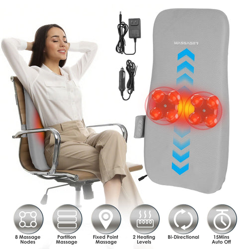Woman in an office chair with the light gray shiatsu back cushion, its heat area glowing and arrows showing the rolling nodes, with feature icons