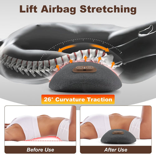 Lumbar pillow with its airbag lifted to stretch the lower back, with before and after drawings of a back