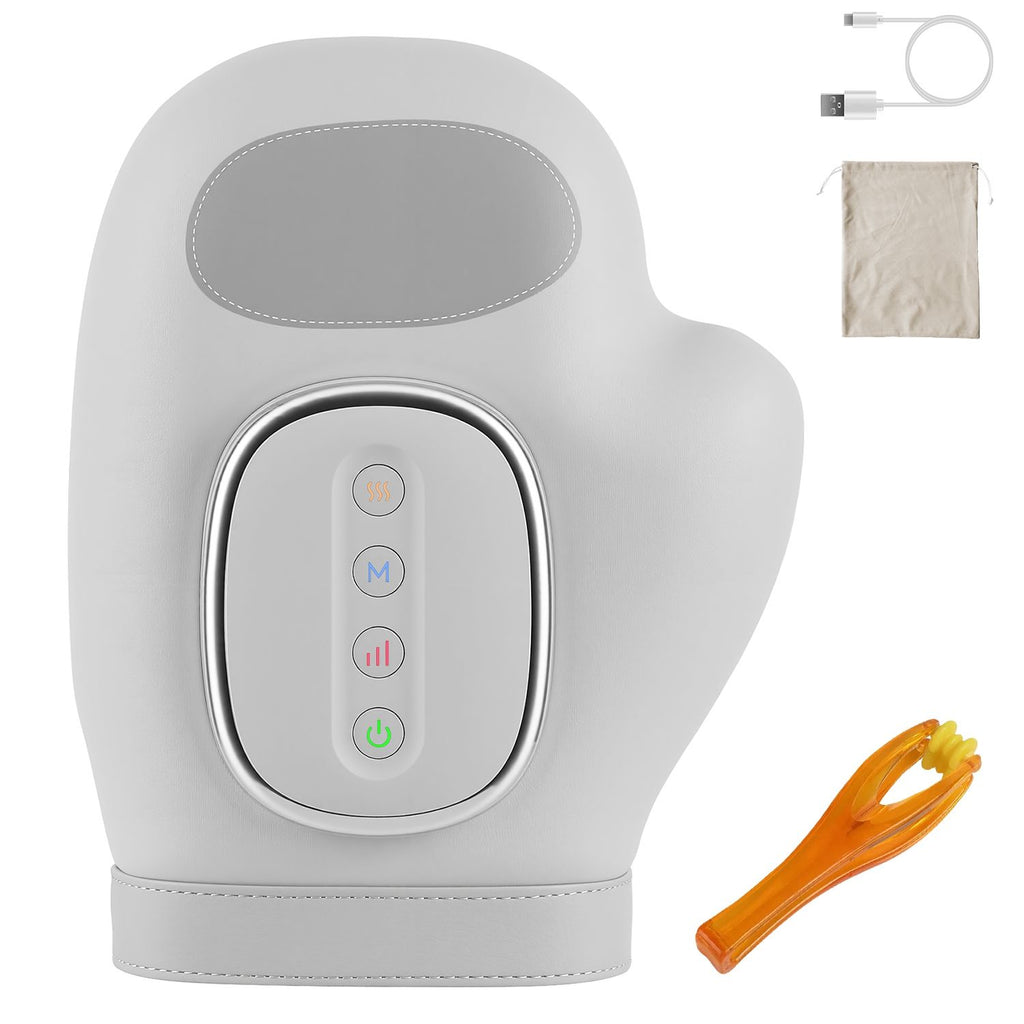 Hand massager from the front, with its carry bag, cable and finger massager