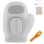 Hand massager from the front, with its carry bag, cable and finger massager